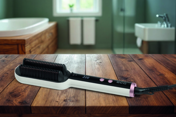 Empty wooden table with blurred bathroom background behind